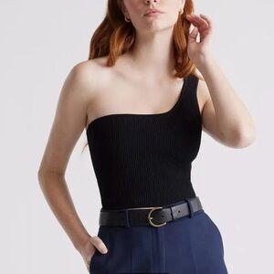 quince one shoulder ribbed knit tank top - black